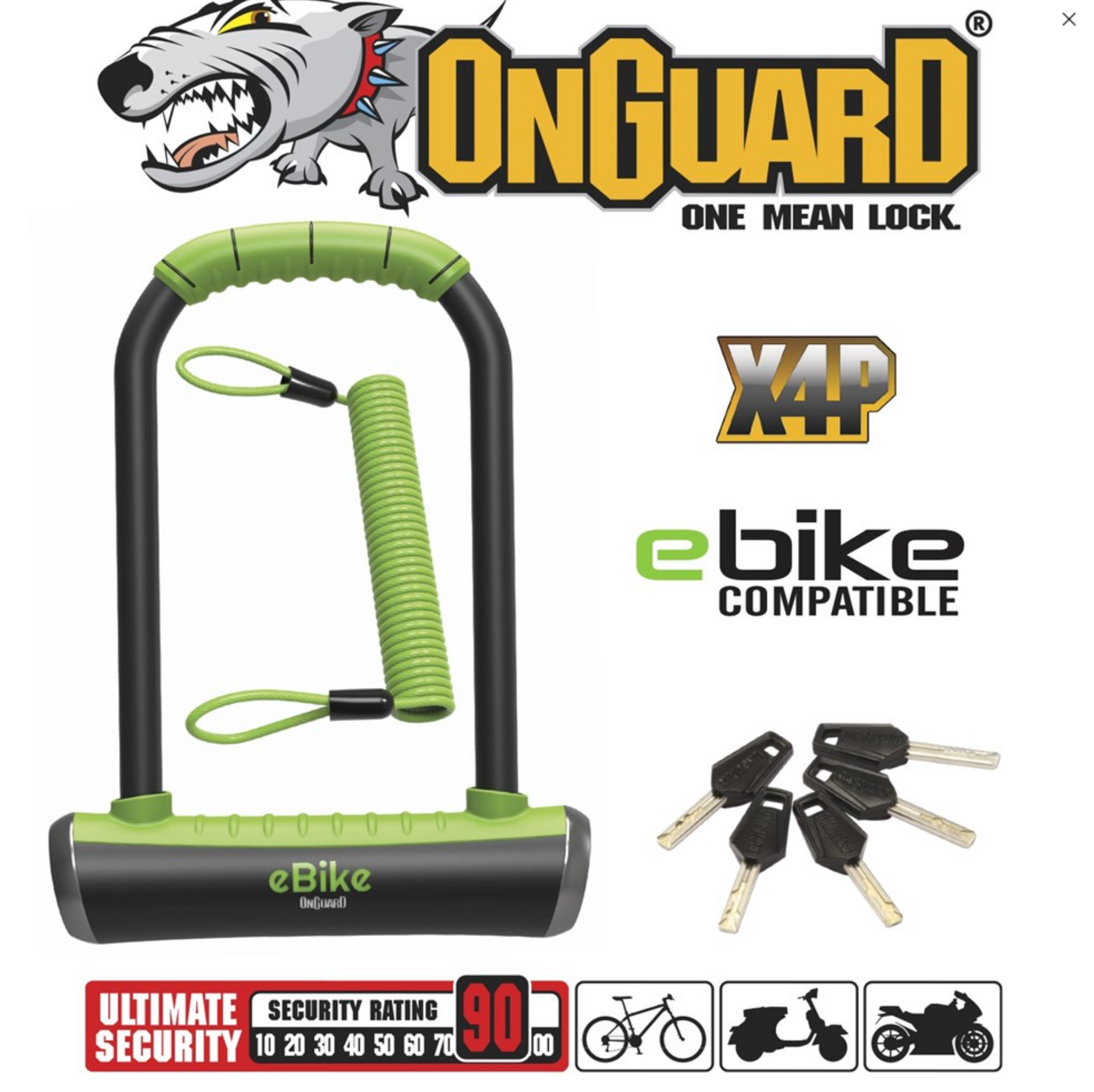 On Guard Pitbull Standard U-Lock Keyed 11.5cm x 23cm D 14mm - e-Bike Series