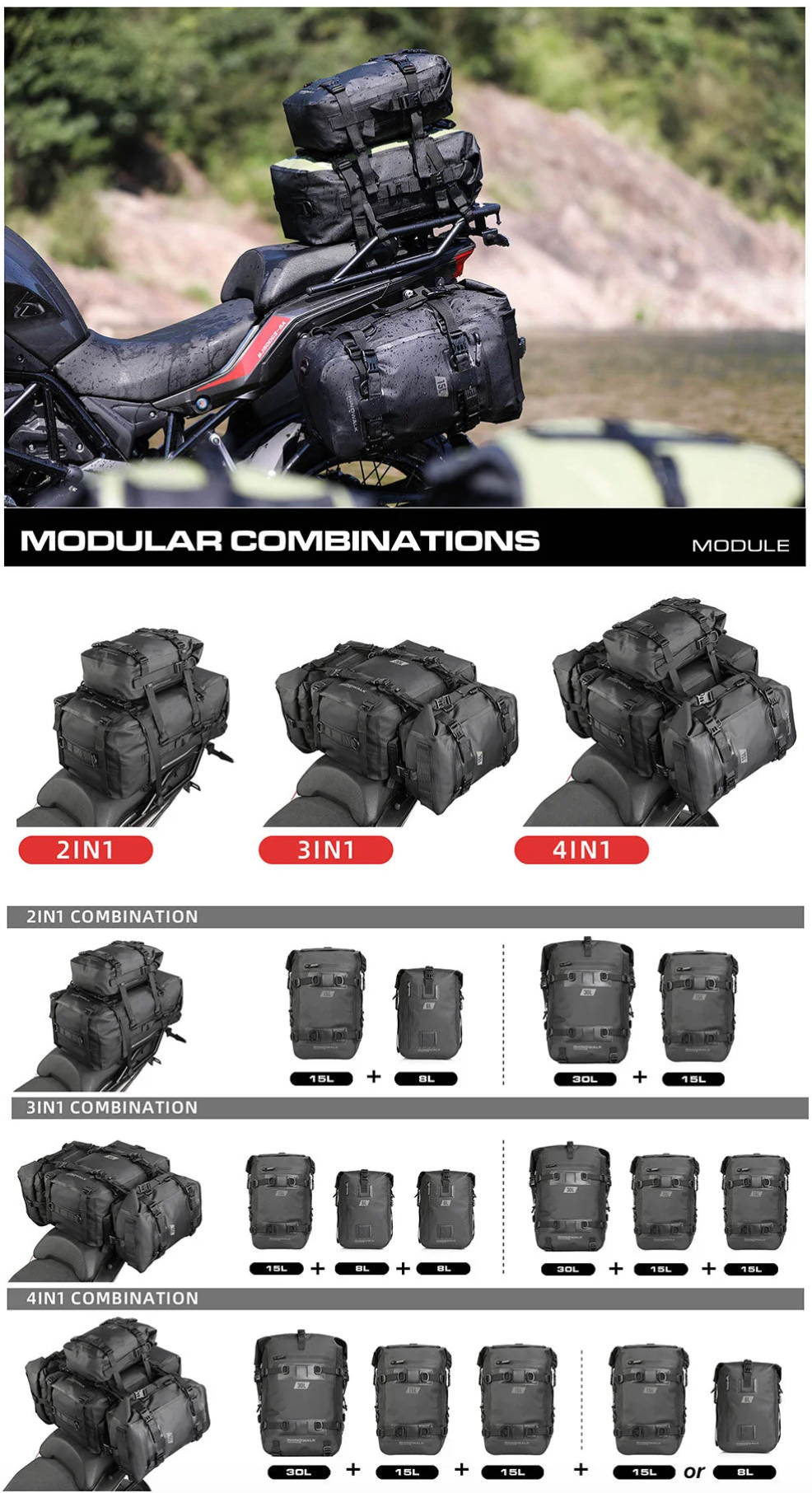 Rhinowalk Modular Waterproof Motorcycle Tail Pack (8L / 15L / 30L)