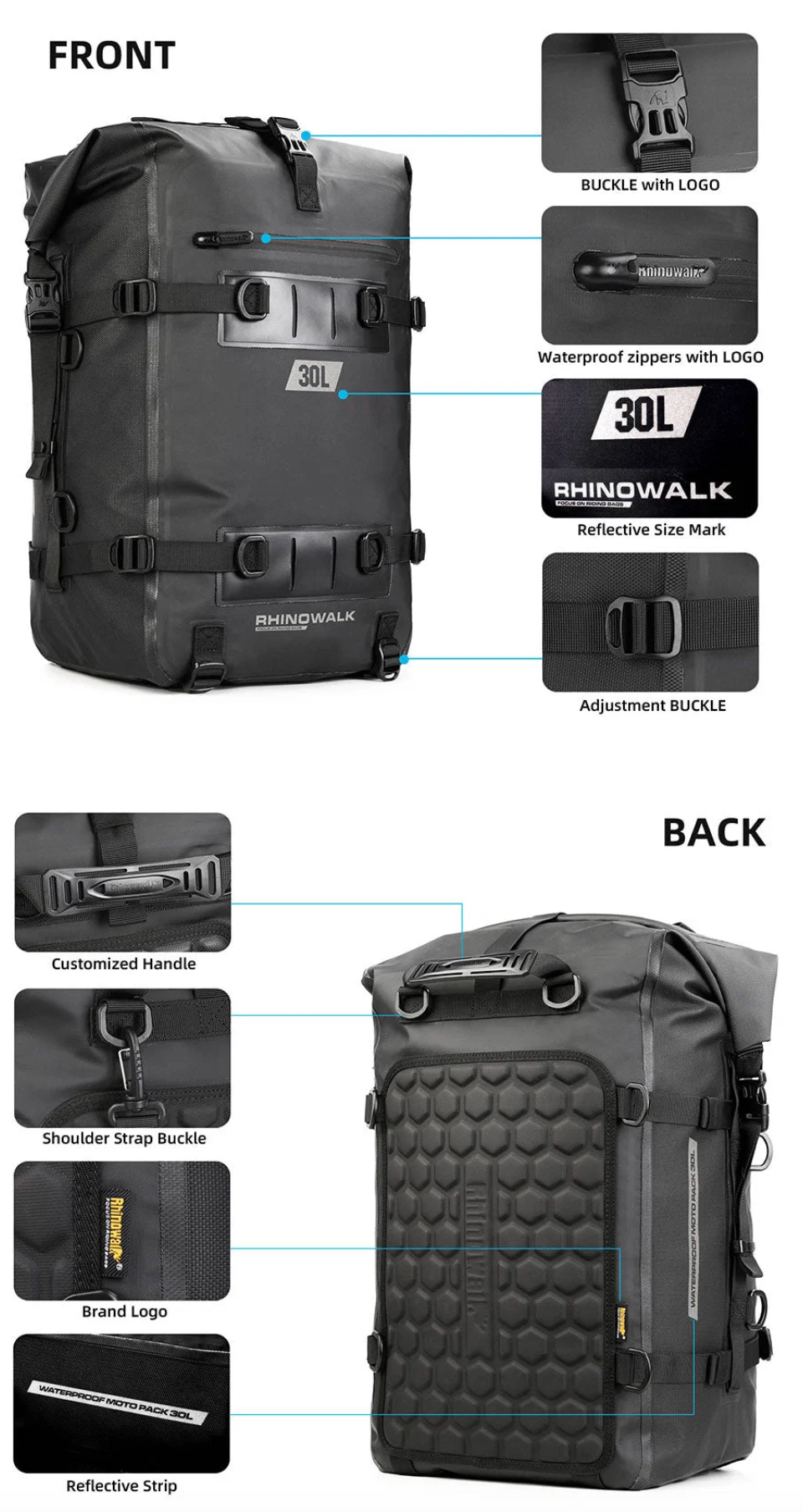 Rhinowalk Modular Waterproof Motorcycle Tail Pack (8L / 15L / 30L)