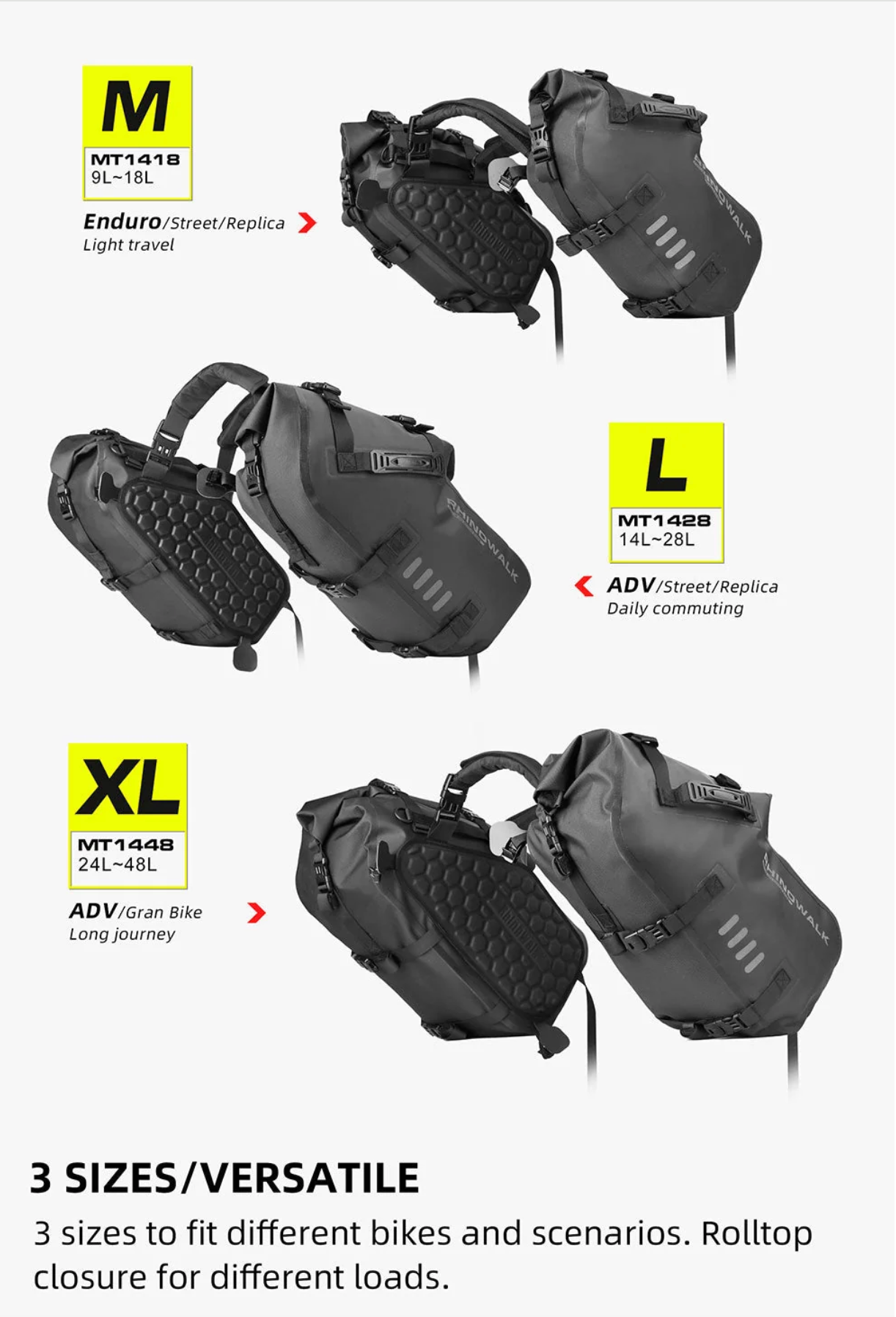 Rhinowalk Waterproof Motorcycle Pannier Side Bag 18/28/48L - Pair/Rackless