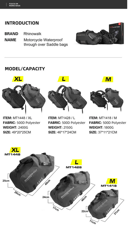 Rhinowalk Waterproof Motorcycle Pannier Side Bag 18/28/48L - Pair/Rackless