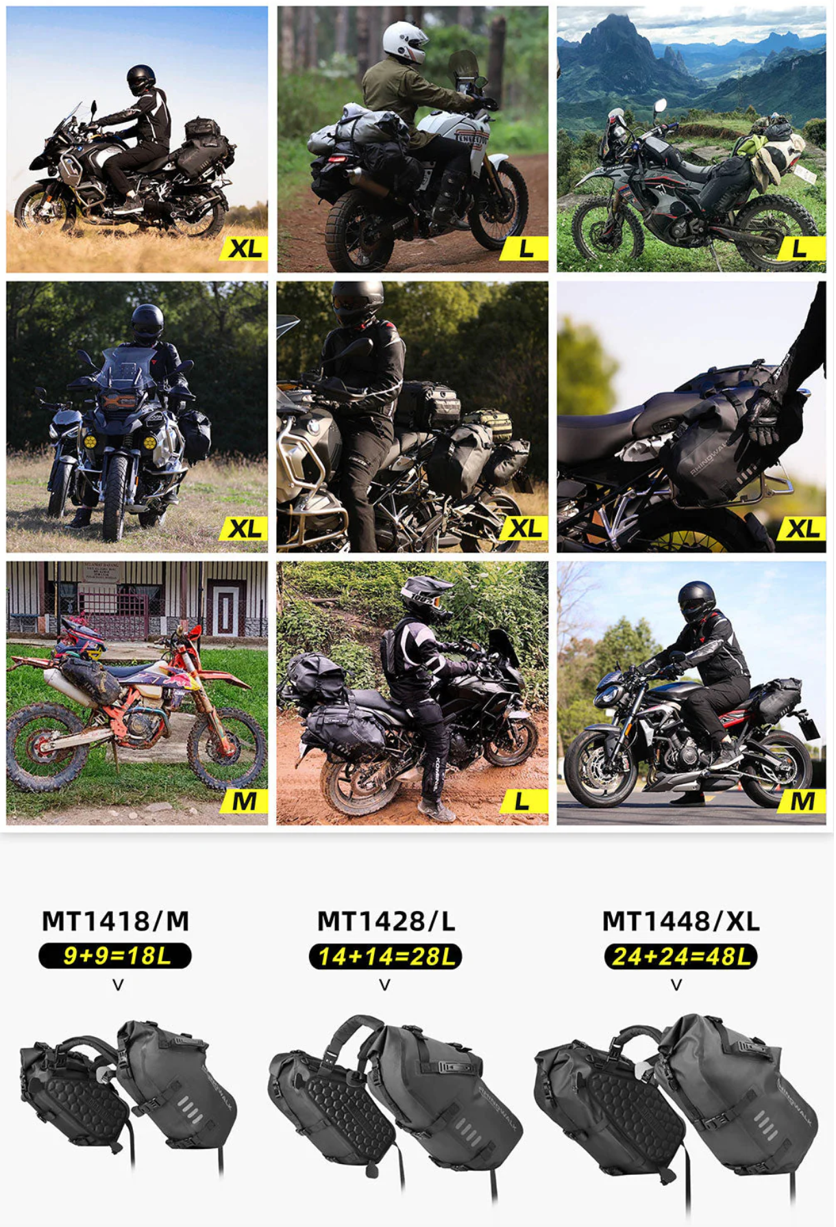 Rhinowalk Waterproof Motorcycle Pannier Side Bag 18/28/48L - Pair/Rackless