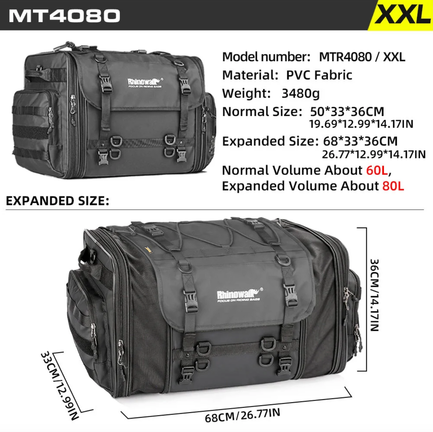 Rhinowalk Large Capacity Motorcycle Tail Seat Bag (Expandable Sizing)