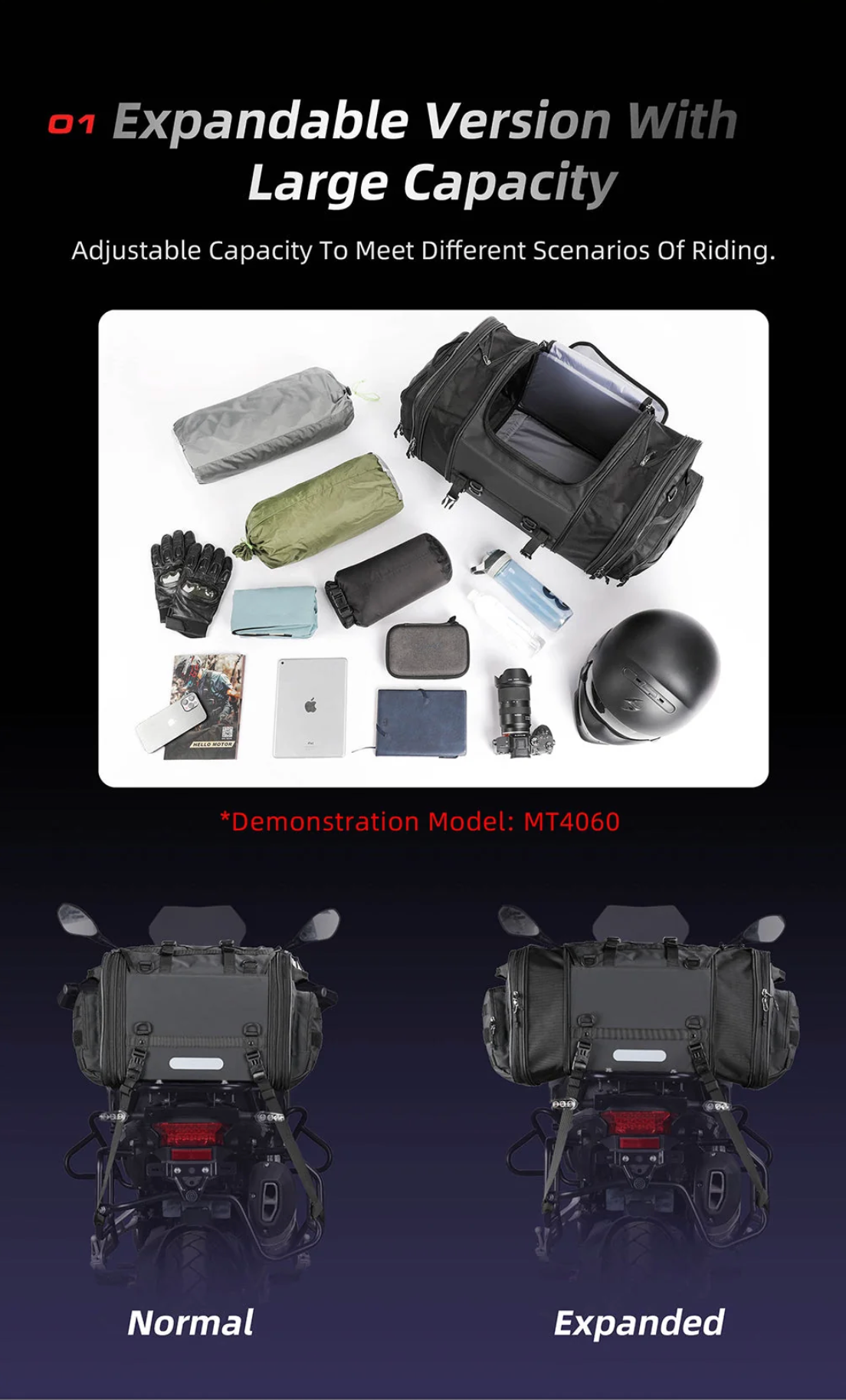 Rhinowalk Large Capacity Motorcycle Tail Seat Bag (Expandable Sizing)
