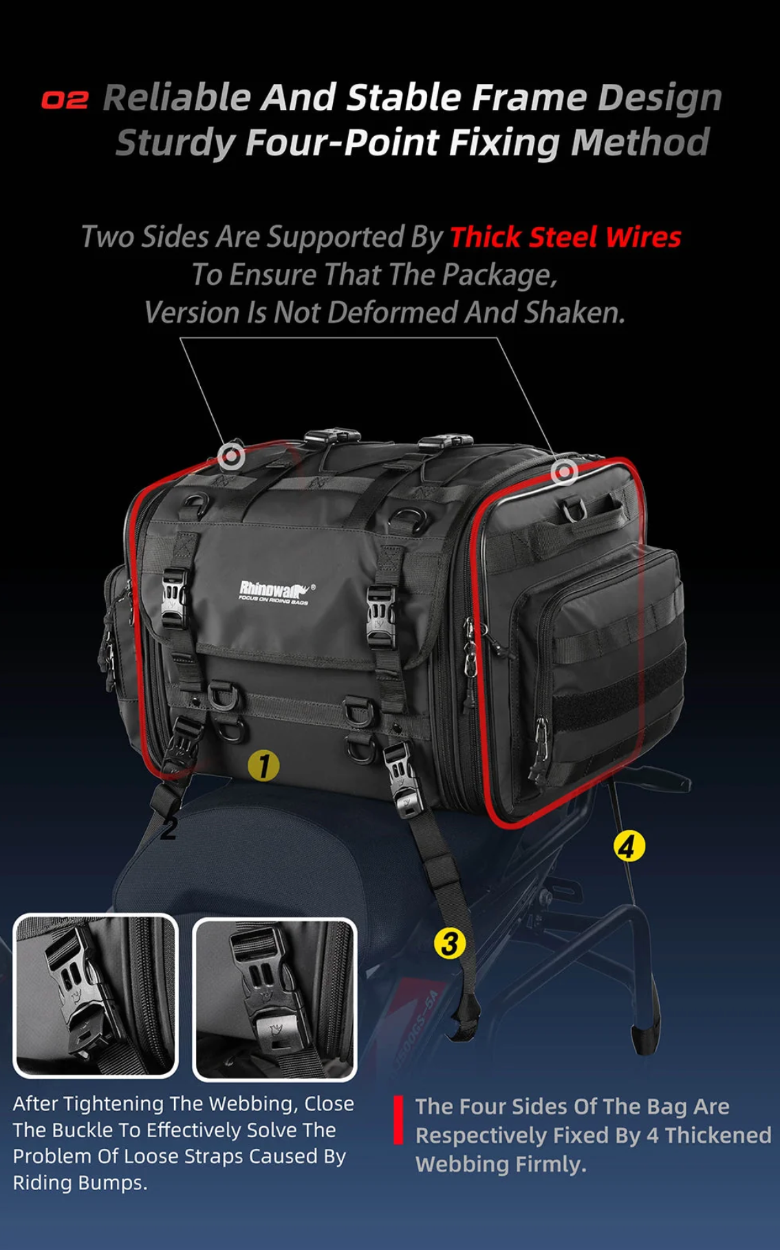 Rhinowalk Large Capacity Motorcycle Tail Seat Bag (Expandable Sizing)